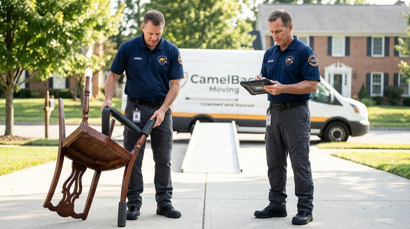 Movers inspecting furniture for damage prevention before loading in French Lick, IN