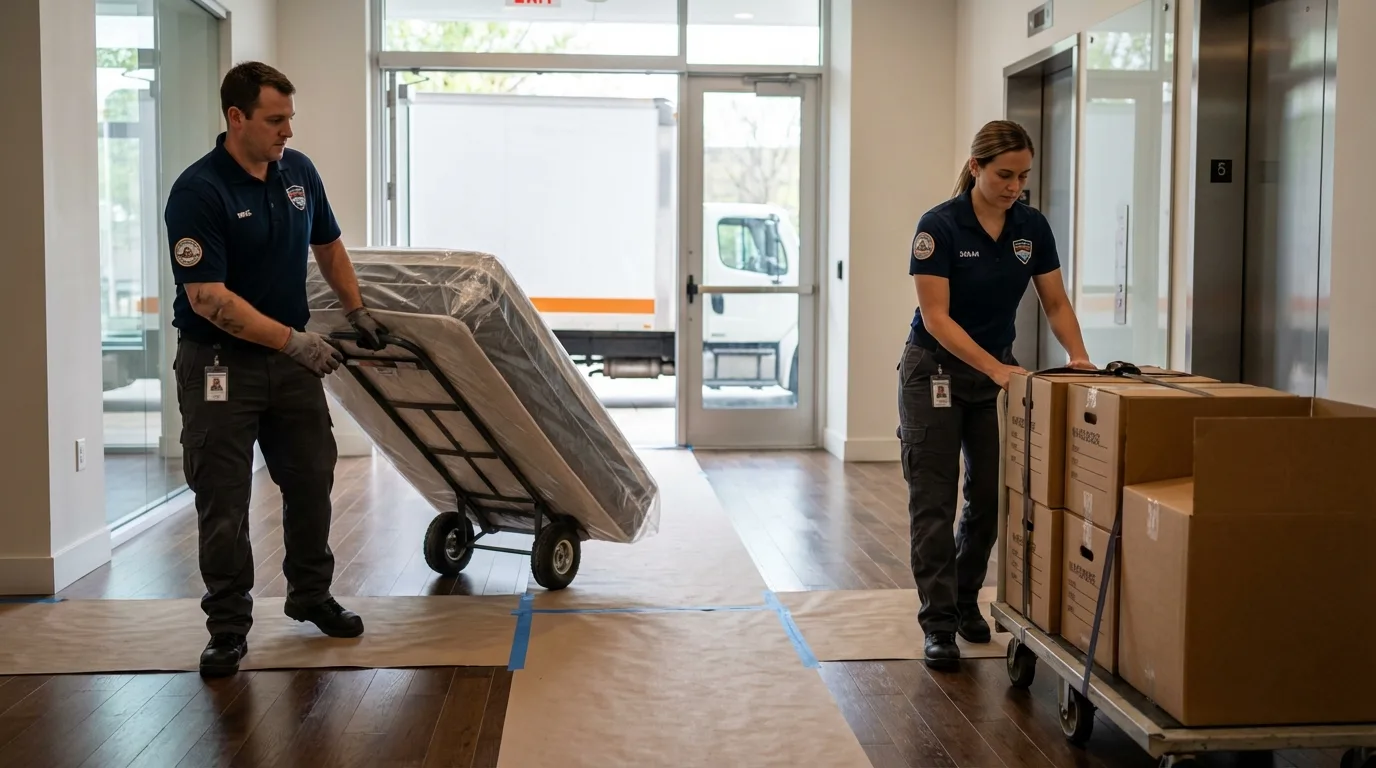 Professional apartment movers loading elevator in French Lick, IN