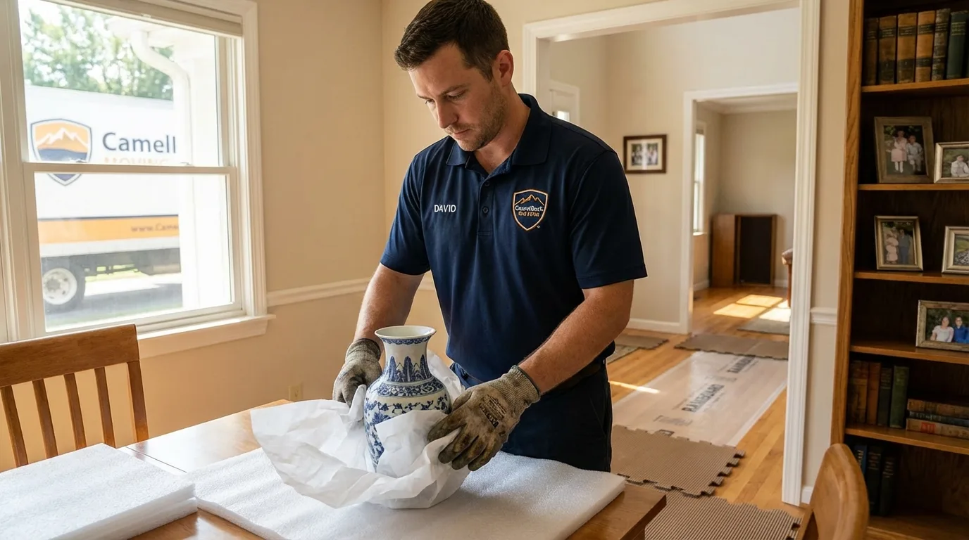 Professional crew carefully wrapping antique vase for senior downsizing move in French Lick, IN