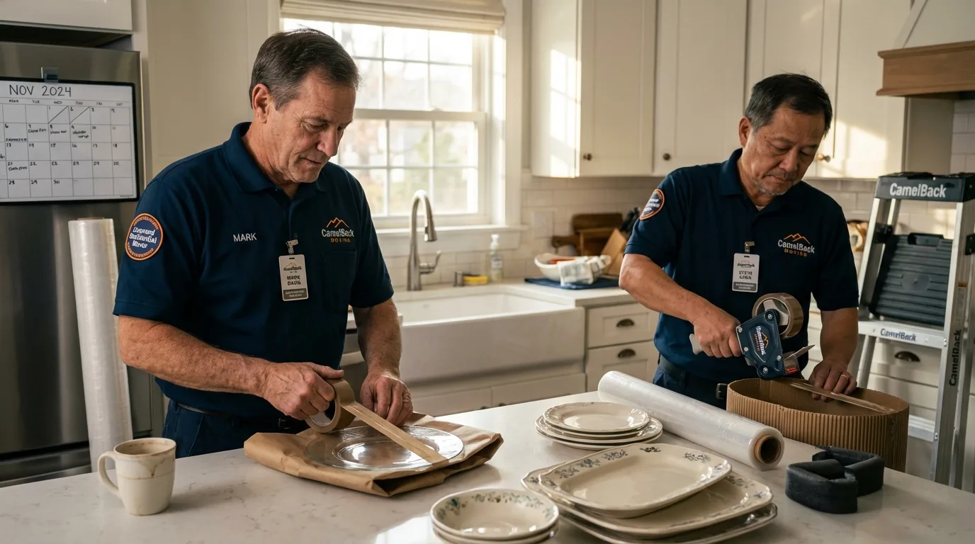 Professional crew packing kitchen dishware in French Lick, IN